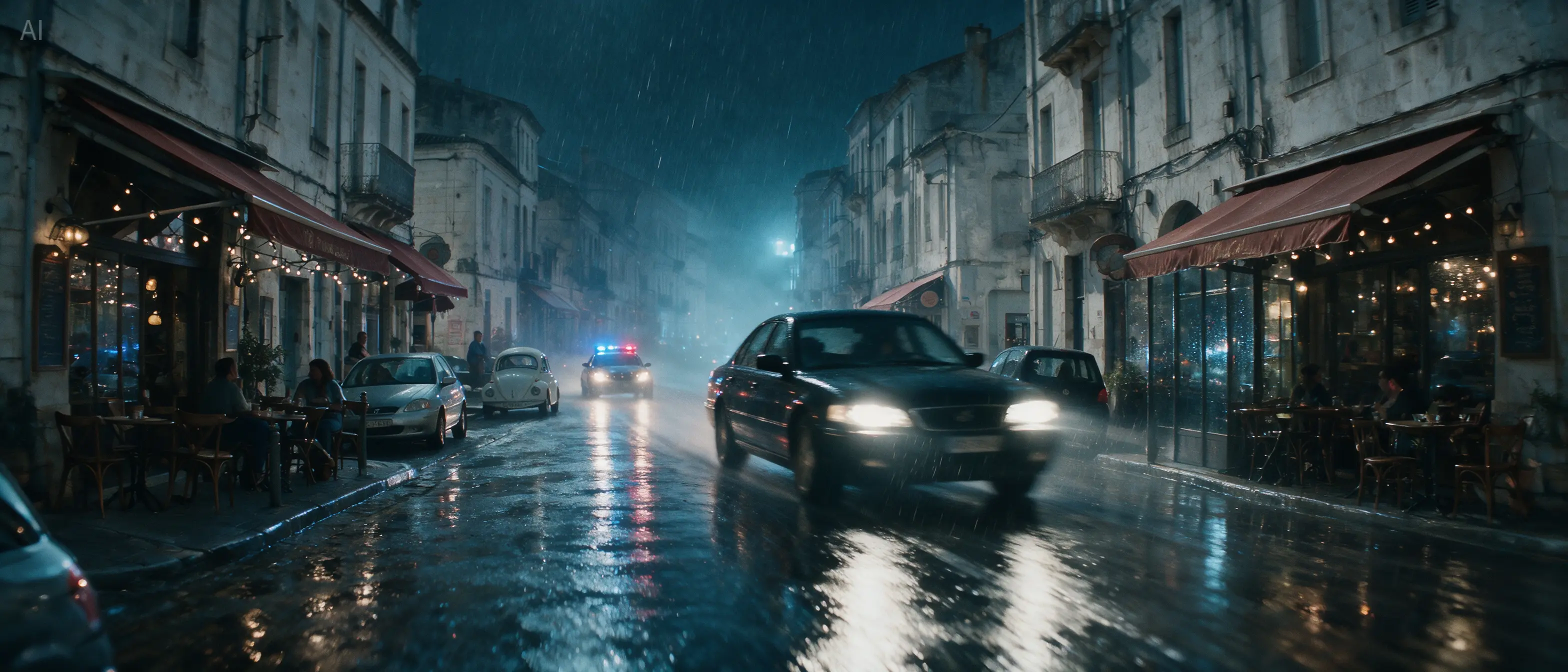Seedream 5.0 Pro example: rainy European night street with cafe lights and car headlights on wet pavement
