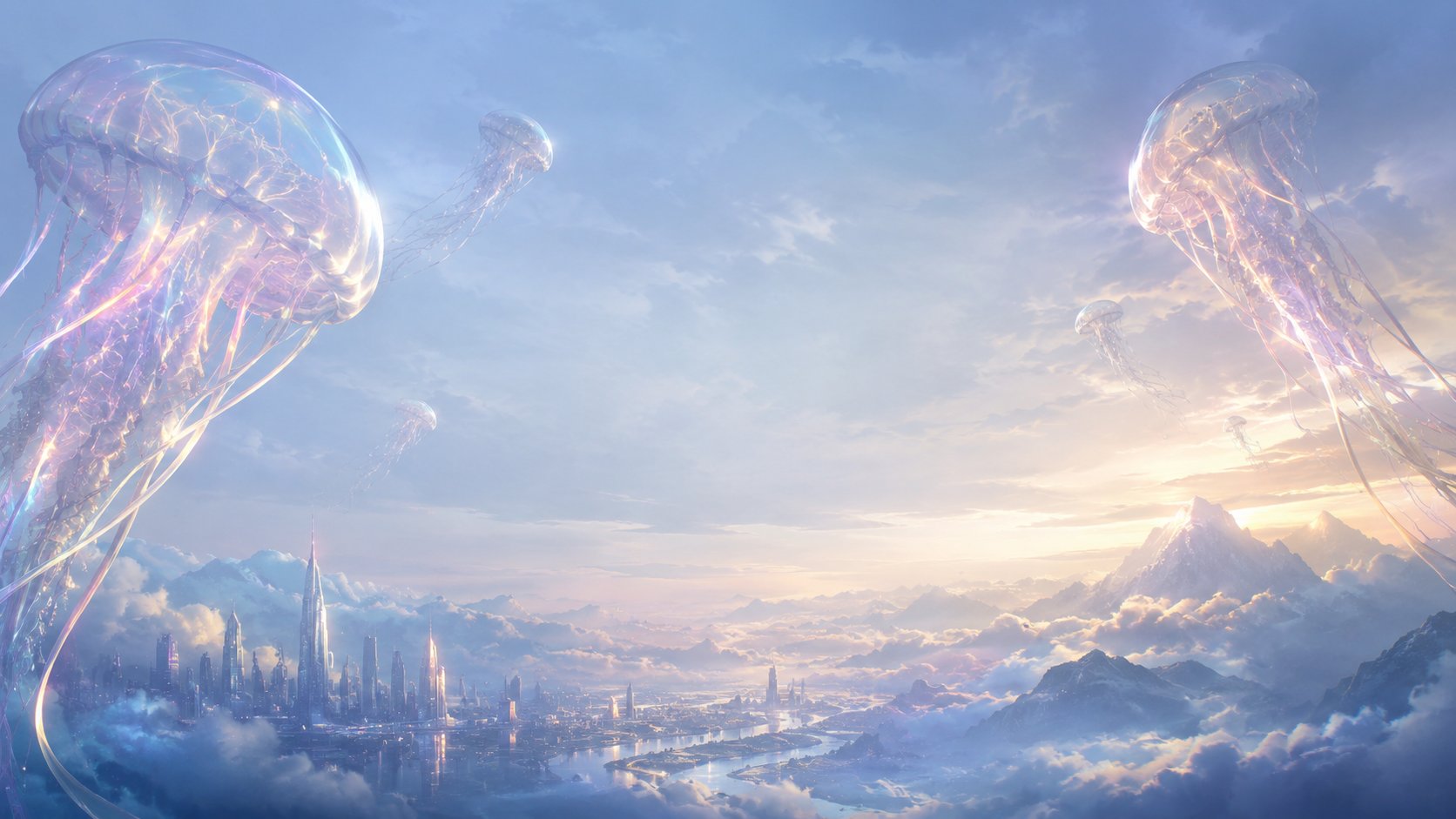Giant translucent jellyfish floating above a futuristic cloud city