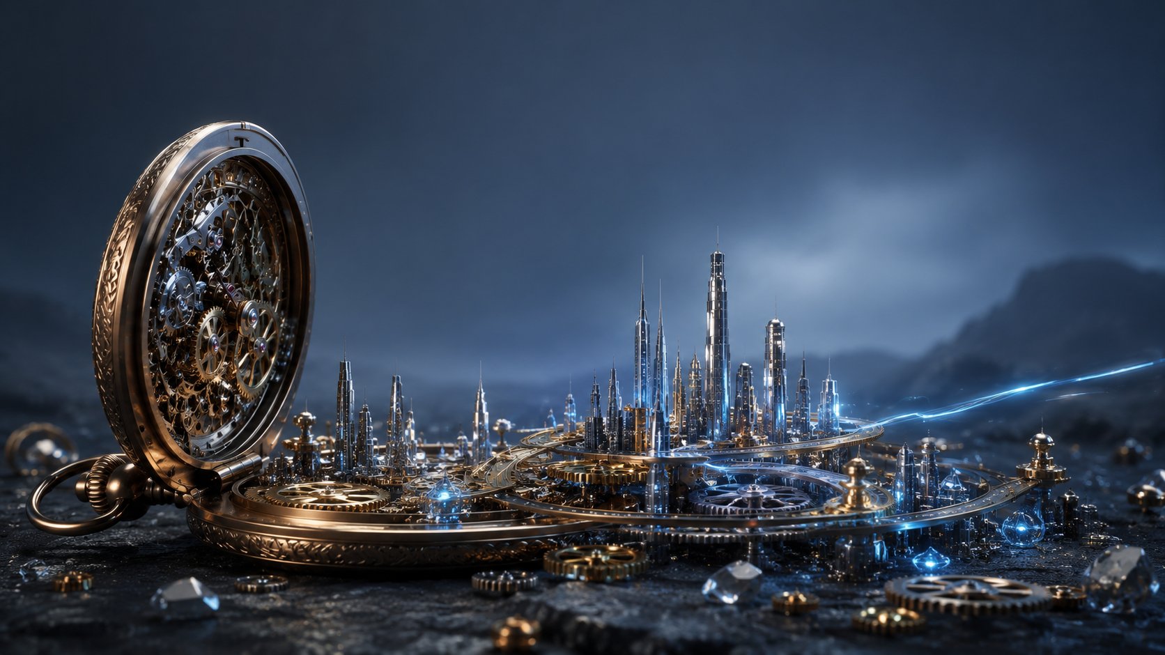 Miniature cyberpunk city inside an antique pocket watch with glowing gears